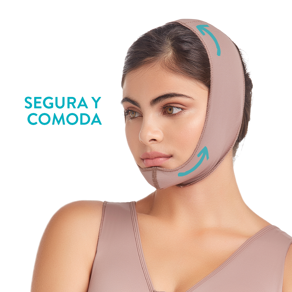 La mentonera postquirúrgica Fájate, tambien llamada banda para la cara, tiene la compresión optima para que te sientas segura y cómoda en todo momento.