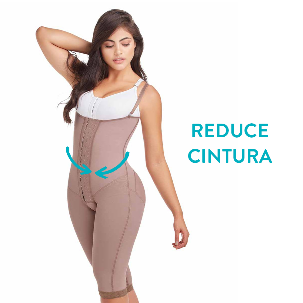 Faja colombiana a la rodilla postparto y de uso diario. Con 3 niveles de broches estiliza la figura, define la cintura, y realza los glúteos.