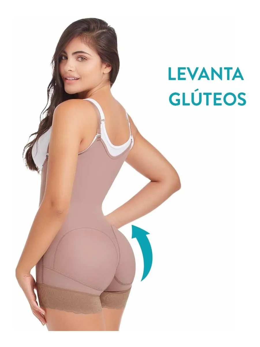 Faja colombiana con busto libre que estiliza la figura al instante, definiendo además la cintura y la cadera. Ideal para uso postparto.