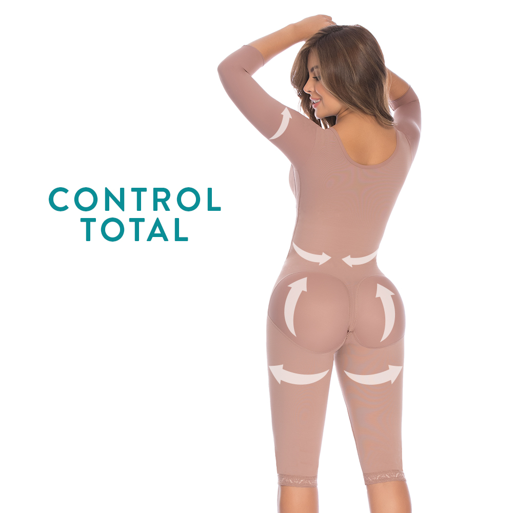 La faja colombiana completa a la rodilla permite mayor cubrimiento y ajuste en espalda, zona axilar y busto. Para uso diario, postquirúrgico y posparto.