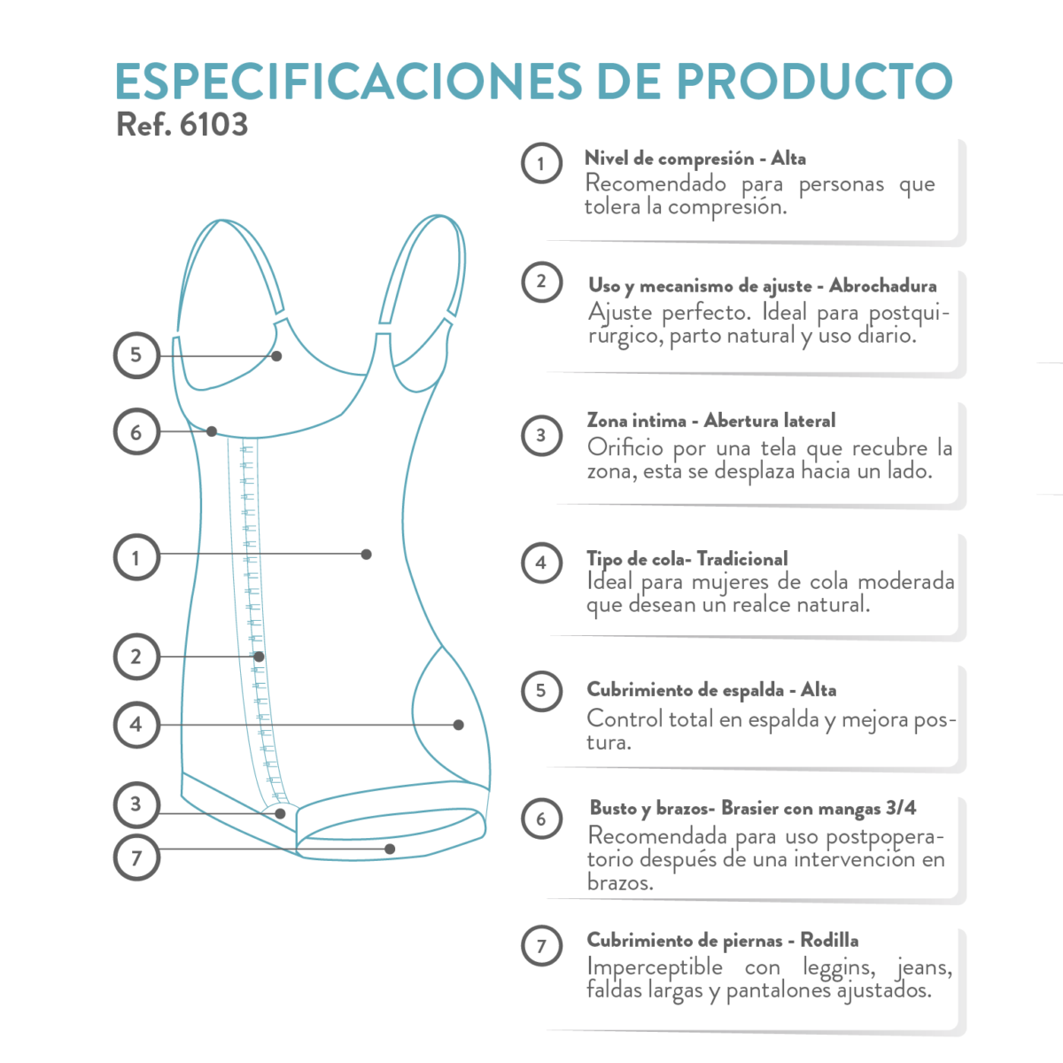 La faja colombiana completa a la rodilla permite mayor cubrimiento y ajuste en espalda, zona axilar y busto. Para uso diario, postquirúrgico y posparto.