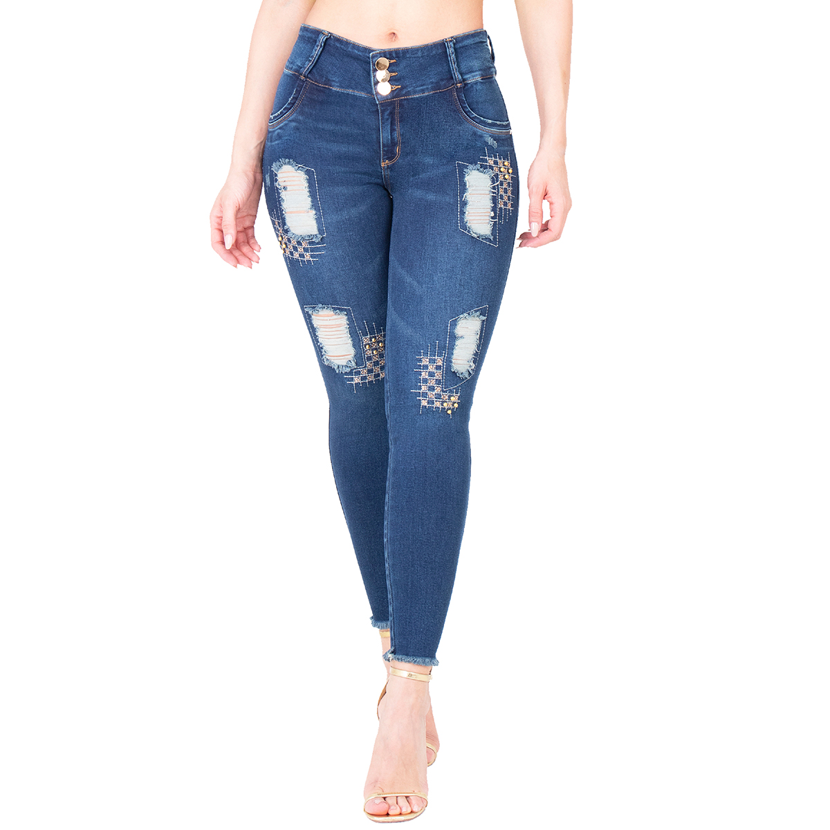 Los jeans colombianos levanta glúteos dan un toque jovial con su único diseño ripped con bordado en la parte del frente. Cuenta con tres pinzas.