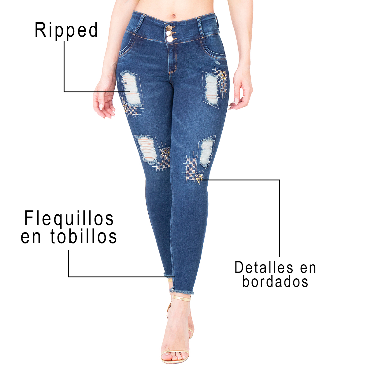 Los jeans colombianos levanta glúteos dan un toque jovial con su único diseño ripped con bordado en la parte del frente. Cuenta con tres pinzas.