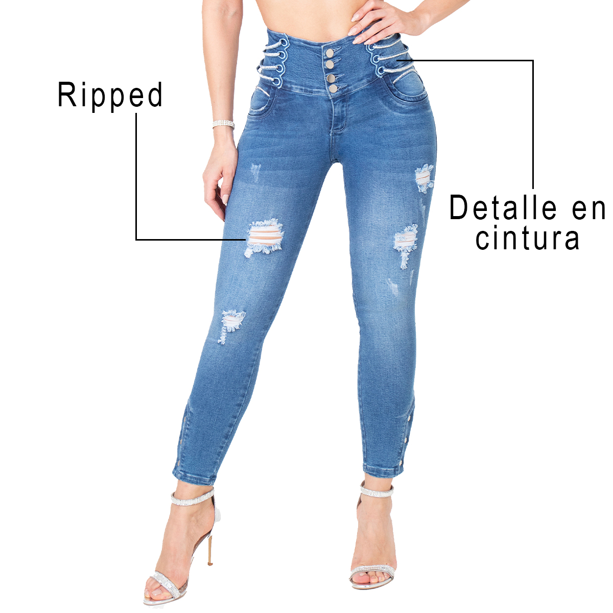 El jean colombiano con cordones es la prenda perfecta que te hará sentir segura y con un toque único. Tiene un diseño especial que realza tus curvas.