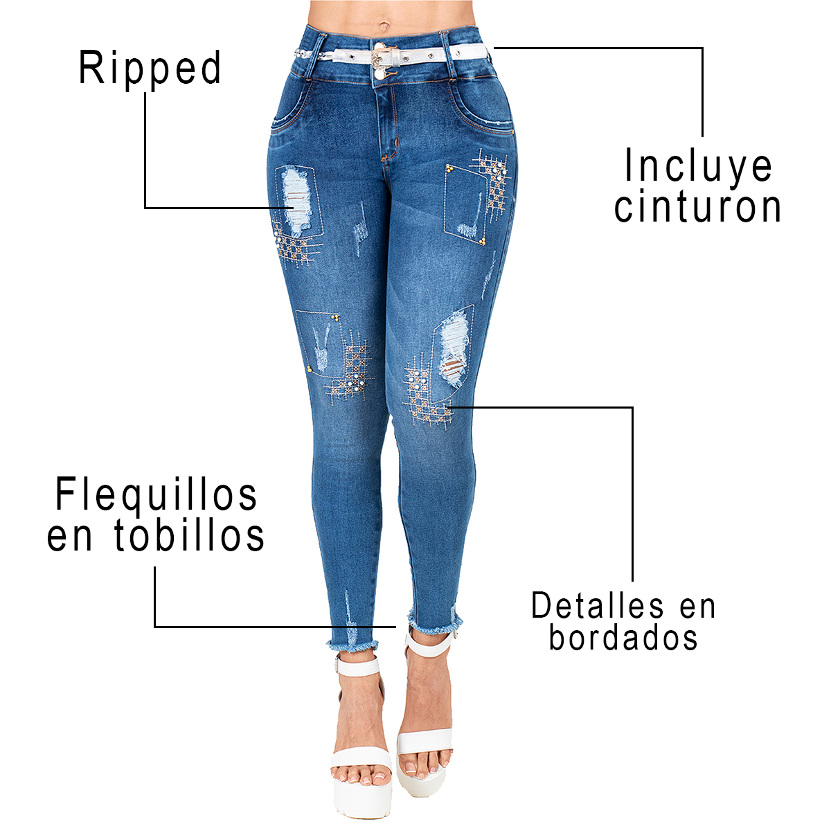 El jean colombiano bordado cuenta con un cinturón trenzado color blanco que complementará tu outfit. Realza tus curvas y brinda elevación de glúteos.