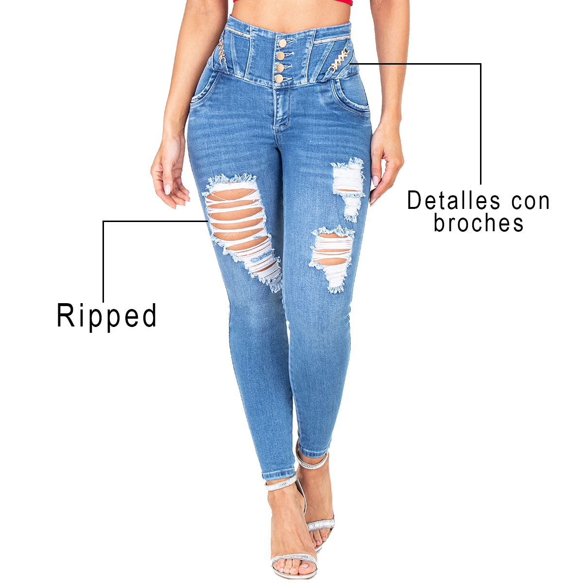 El jean colombiano con broches combina las pinzas en la parte trasera más un corte en forma corazón que hace un efecto de redondez y elevación de glúteos.