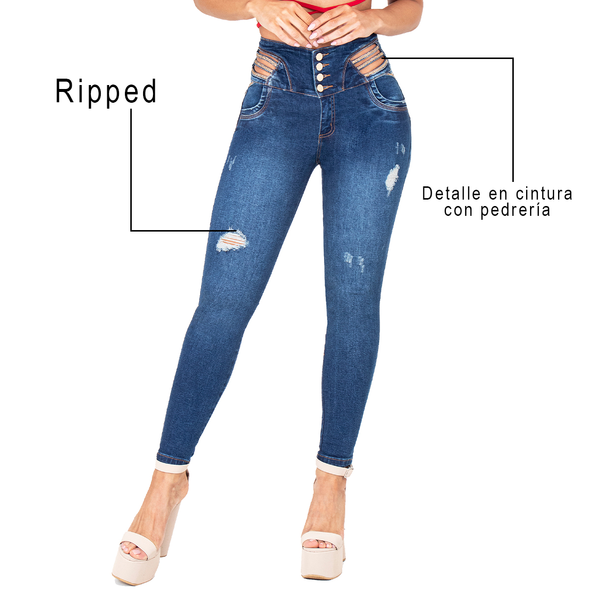 Los jeans colombianos con correas es la prenda perfecta que te hará sentir segura y con un toque único. Tiene un diseño especial que realza tus curvas.