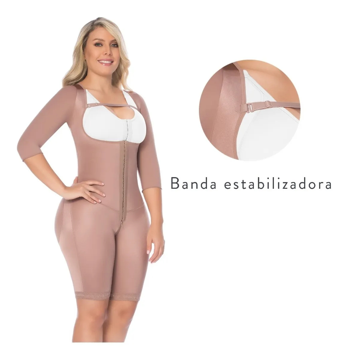 La faja colombiana de primera postura es ideal luego de una cirugía ya que su nivel de compresión es medio. Con cubrimiento y ajuste en espalda.