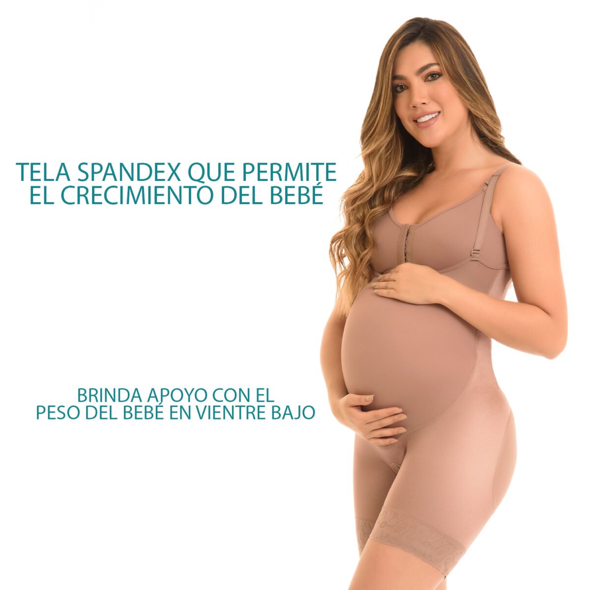 Soporte materno con zona abdominal en spandex que se adapta al crecimiento del vientre, cuenta también con un refuerzo en la zona pélvica para dar soporte.