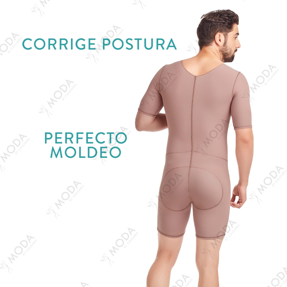 Faja entera masculina postquirúrgica para hombre cuenta con cierre central, estilo media pierna y cubrimiento total de espalda para mayor comodidad.